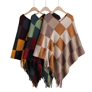 

2019 New Autumn Women Cloak Kntted V-Neck Lattice Pattern Loose With Tassel Pullover Feamle Sweater Coat