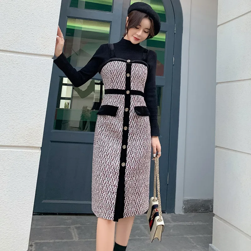 

Knitted Sweater Strapped Dress Two-Piece Women's Fashion Hyuna Skirt 2019 Autumn And Winter New Style Slim Fit Slimming Set