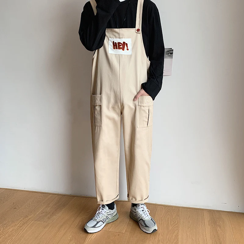 2020 New Fashion Men's Bib Overalls Loose Pant Solid Color Casual Korean Style Man Black Khaki Jumpsuits Rompers Ankle-Length