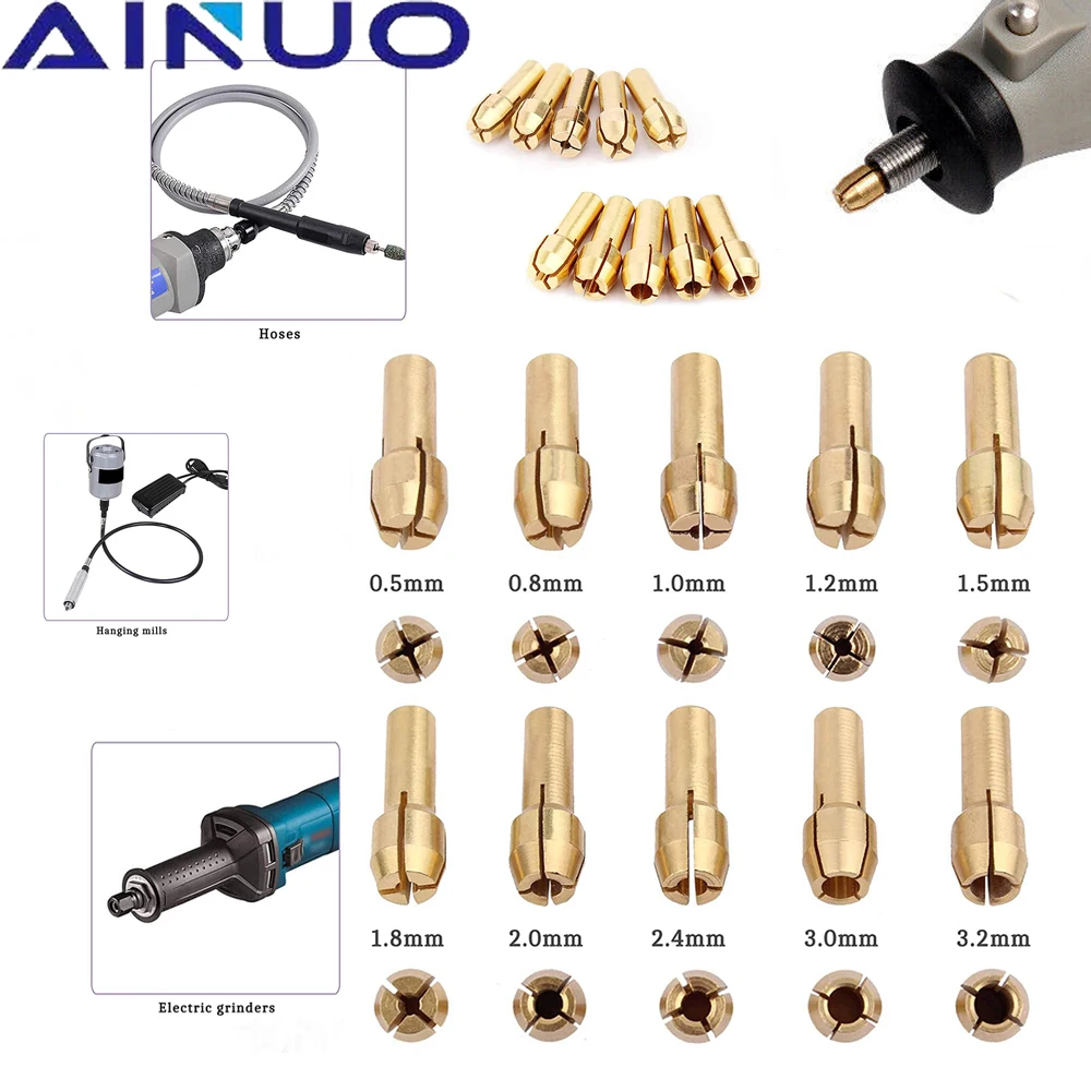 10Pcs Drill Chucks Adapter 0.5-3.2mm  For Dremel Mini Drill Chucks Chuck Adapter Micro Collet Brass For Power Rotary Tool