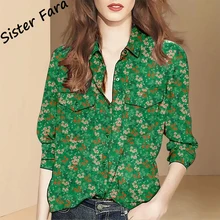 

Sister Fara Printing Floral Shirt Spring Women's Loose Long Sleeve Pocket Blouses Autumn Ladies Single-breasted Casual Shirts