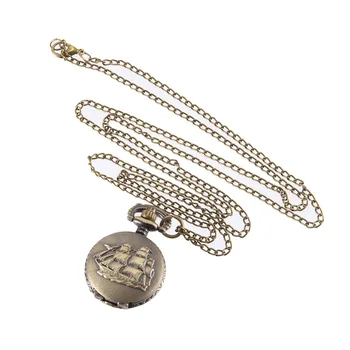 

Vintage Pocket Watch Bronze Color Quartz Watch Cool Chain Sailboat Pattern Watches Hot Sales
