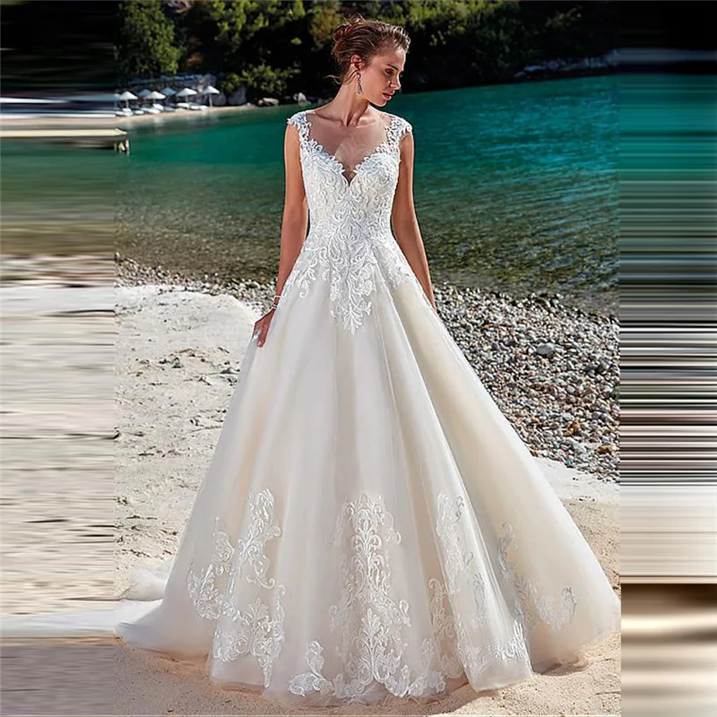 

Princess Sheer Scoop A-Line Wedding Dress Lace Appliques Beach Spring Women Bridal Gowns 2021 Modest Custom Bride Wedding Gown