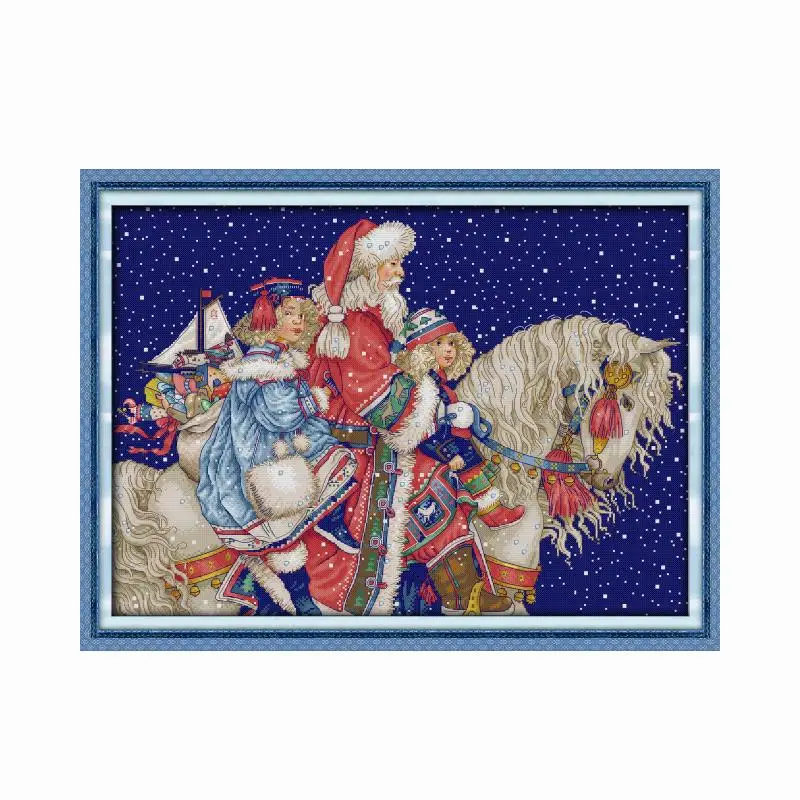 

Santa Claus and Children on Horseback Stamped Cross Stitch Printed Embroidery Counted 11CT 14CT Needlework Craft Thread Handmade