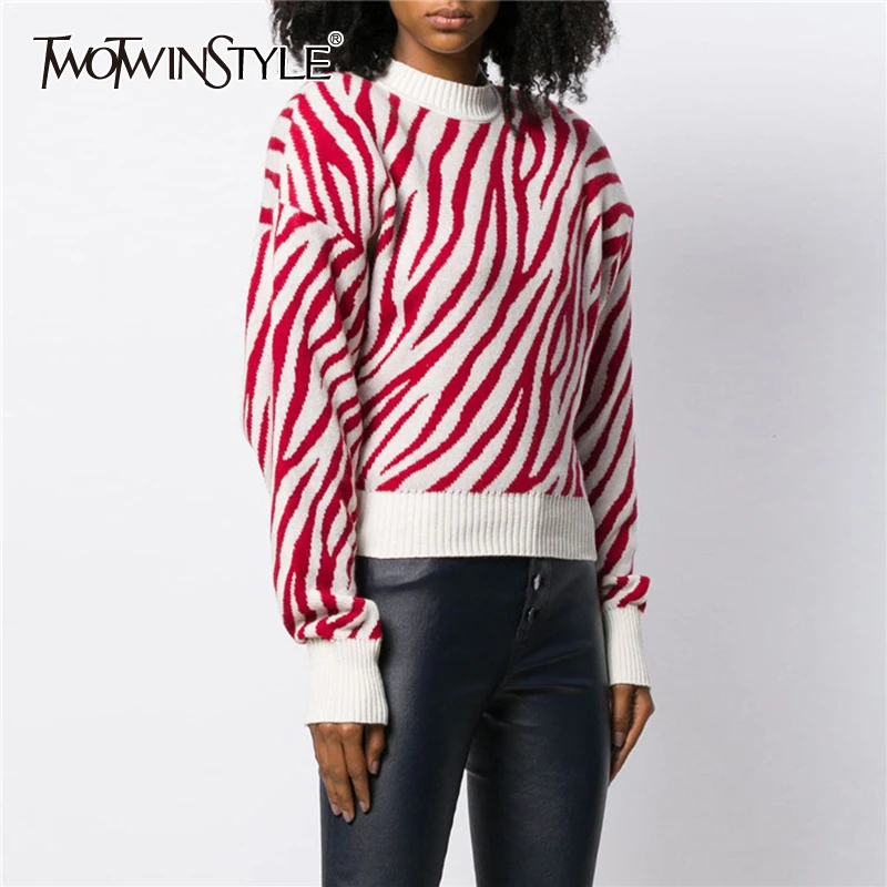 

TWOTWINSTYLE Striped Knitting Women's Sweaters O Neck Long Sleeve Hit Color Korean Female Sweater Autumn Fashion New 2019