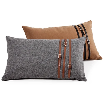 

50x30cm brown/grey wool fabrci lumbar cushion cover sofa waist pillowcase office chair pillow case with leather belt home decor