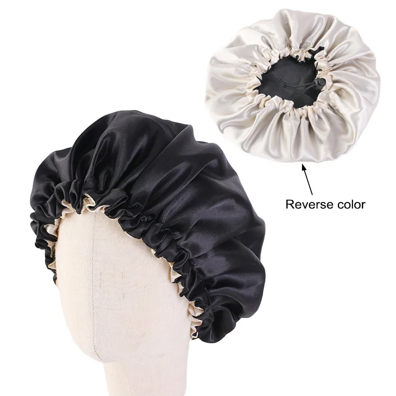 New Reversible Satin Bonnet double layer adjustable size Sleep Night Cap Head Cover Bonnet Hat for For Curly Springy Hair Black ladies head wraps Hair Accessories