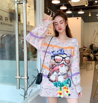 

SexeMara fashion The New Loose Heavy work Beading Sequin letter Colored balls Knitted sweaters free shipping