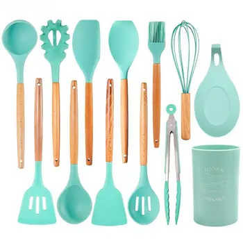 

Silicone Cooking Utensils Set Non-stick Spatula Shovel Wooden Handle Cooking Tools Set With Storage Box Kitchen Tools