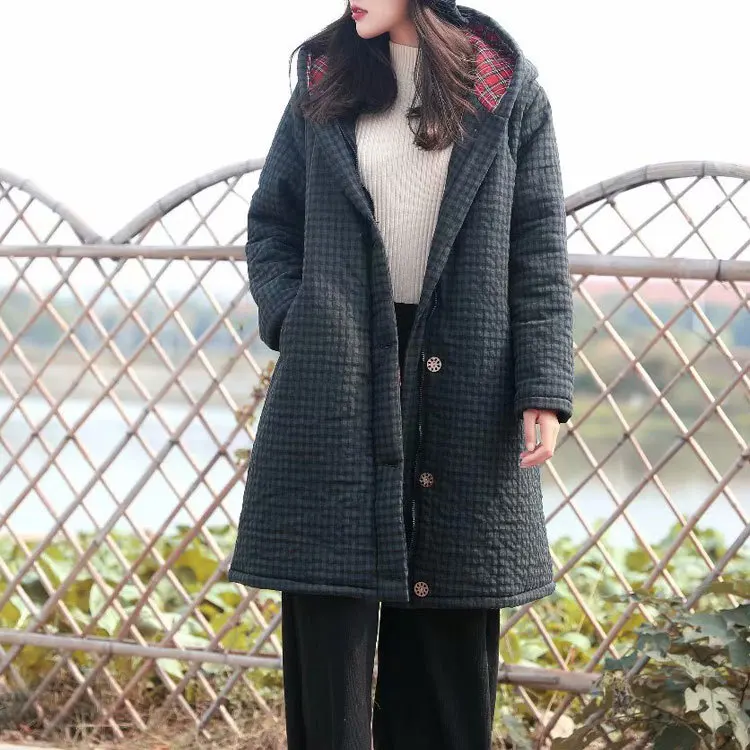 

2018 Winter New Style Retro Plaid Cotton Linen Hooded Thick Mid-length Cotton-padded Clothes Woman Cotton Dress Coat Four Colors