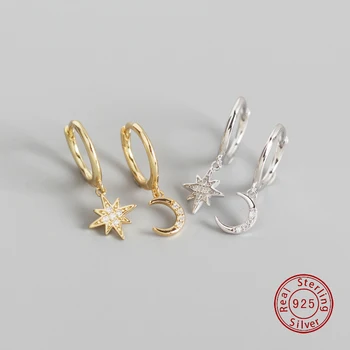 

EH2007003 S925 Sterling Silver Hot Selling Sparkling INS Style Geometric Star & Moon Asymmetric Earrings 2020