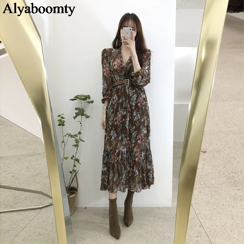 Нежное женское миди платье весна-осень,женственное приталенное платье с цветочным принтом,шифоновое повседневное платье с оборками,поясом и длинным рукавом,элегантное платье корейского стиля