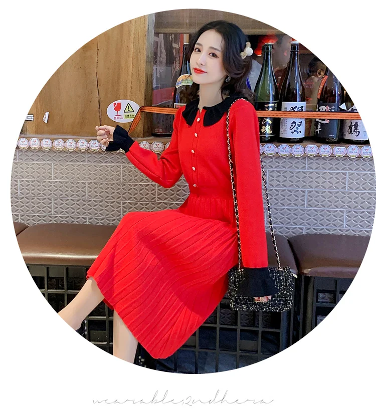 Winter Solid Color Pregnant Women Long Flare Seeve Pleated KnittedDress Sweet Peter Pan Collar Maternity Empire Dress Wholesale