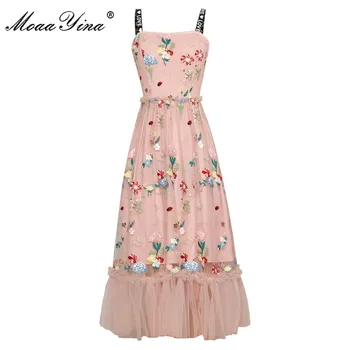 

MoaaYina Fashion Designer Runway Dress Summer Women Spaghetti strap Flowers Embroidery Mesh Vacation Dress