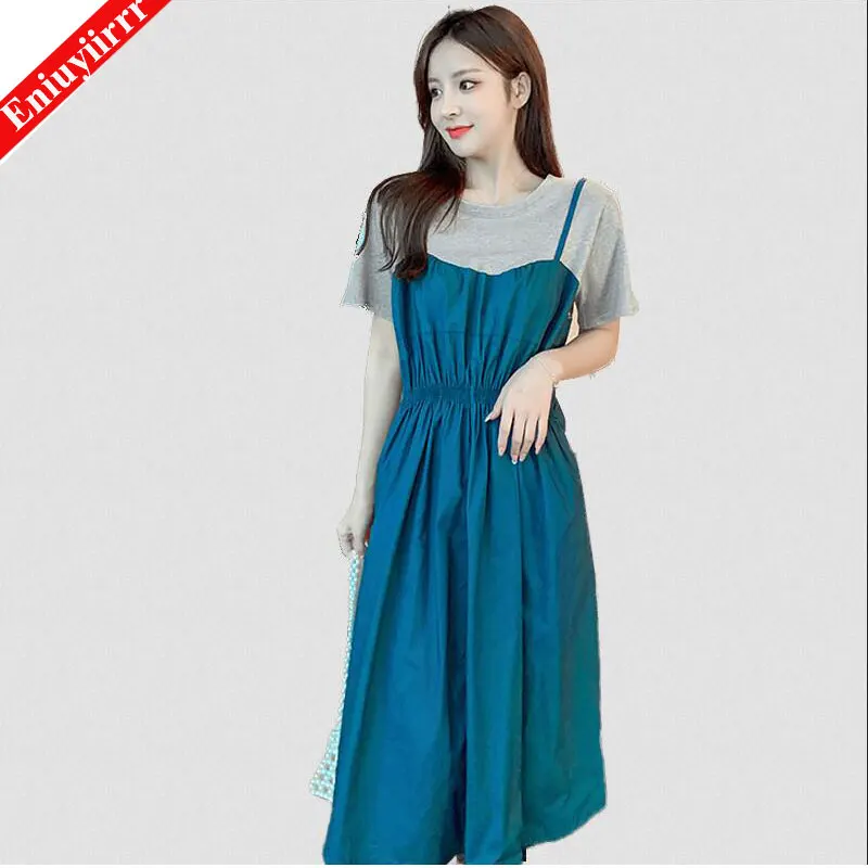 Plus Size Long Dress Women Summer A Line Cute Patchwork Casual Shift Dresses Faux Two Piece Vestidos | Женская одежда