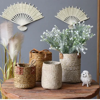 

flower basket seaweed woven basket flower tube seaweed vase Idyllic creative dried flower basket storage barrel Vase