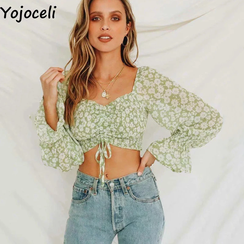 Пикантная плиссированная шифоновая блузка Yojoceli с принтом Женская Осенняя