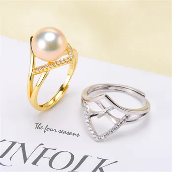 

Real 925 Sterling Silver Women Wedding Engagement Ring Adjustable Simple Round Pearl Ring Mounting