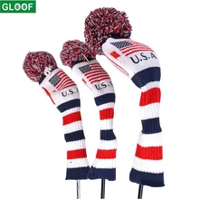 3Pcs/Set Golf US Flag Knit Head Covers Classic Long Neck  Pom Pom White Blue Red Driver,Fairway Wood, Hybrid Head Cover