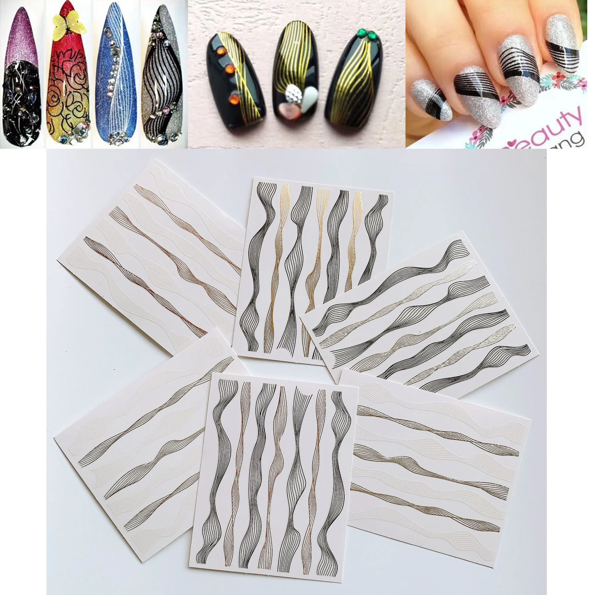 

2PCS Wave shape Nail Art Sticker Gold Silver Rose gold and white black Sticker