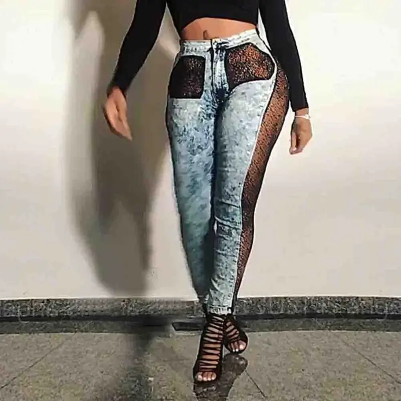 Сексуальные прозрачные сетчатые кружевные обтягивающие джинсы с эффектом пуш ап