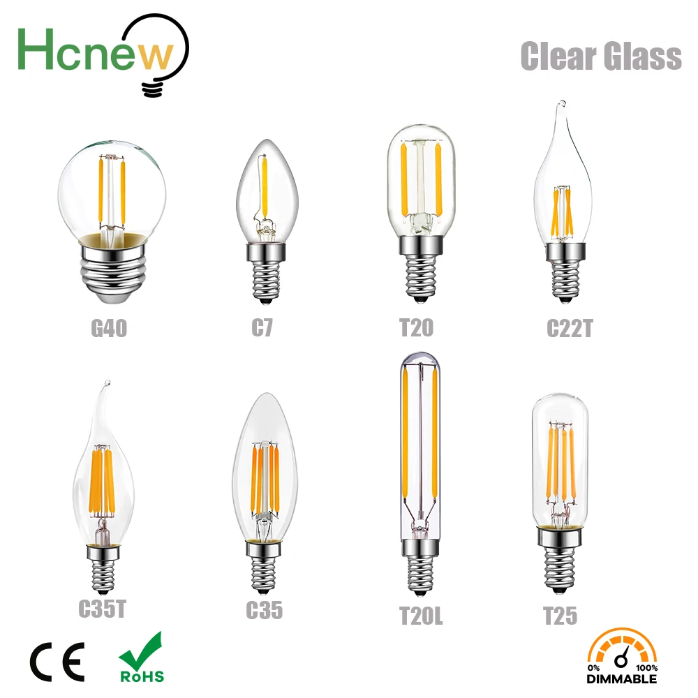 Hcnew 에디슨 필라멘트 전구 E14 Led 220V E12 디밍 가능 C7 C35 T20 G40 4W 6W 야간 조명 샹들리에 소금 용암 램프 교체 앰플