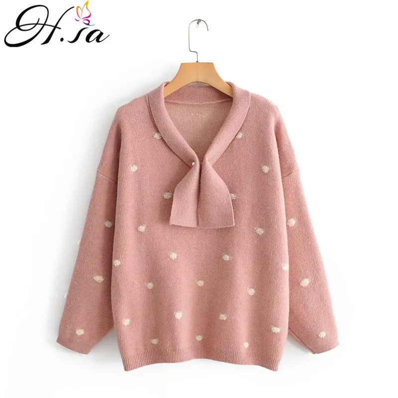 H.SA Women Winter Sweaters Long SLeeve Crew Neck Pink Pullover and Sweater Polka Dots Bow Sweaters Kawaii Knitwear Tops - Цвет: HF19172 Pink