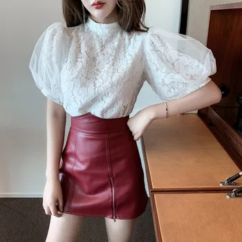 

2020 Summer Women Sweet white Lace lantern sleeve Shirt Top+women Fashion PU Mini skirt 2 piece Sets