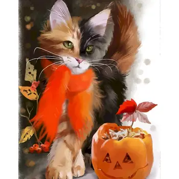 

Framed Oil Paint DIY Painting By Numbers Coloring By Numbers Of Cat with Pumpkin Home Decoration For Living Room Wall Art