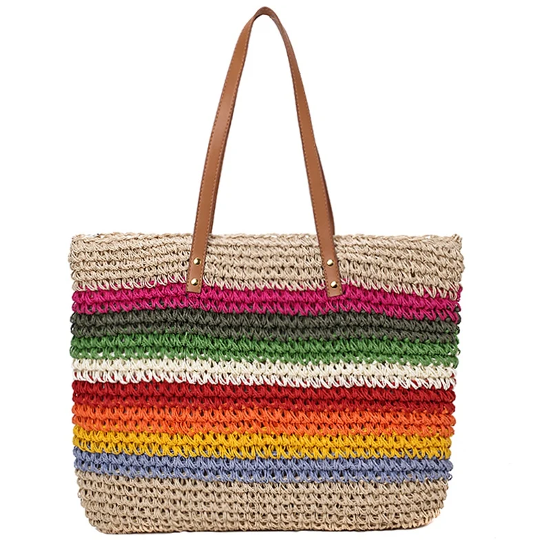 

ABZC-Fashion Lady Handbag Beach Rainbow Color Lady Handbag Shoulder Korean Version Of The Trend Beach Straw Bag
