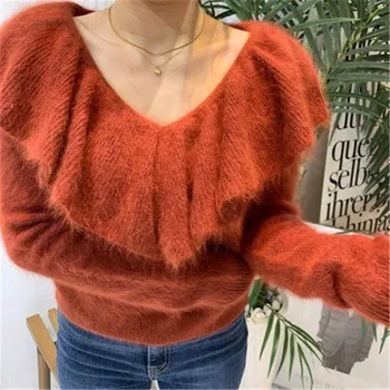 

Women Casual Sweater 2020 Korean Style Sweet V-neck Ruffled Cashmere Sweaters Temperament Long Sleeve Pullovers Top
