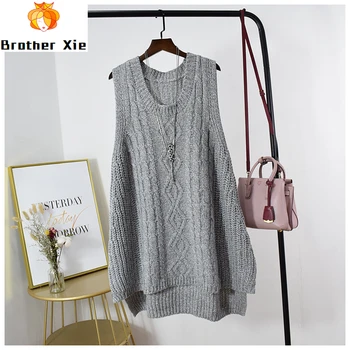 

Women Autumn 2020 Knitted Sleeveless Pullovers O-Neck Big Size Loose Tops For Women Long Pullvers Jumper Gilet Casaco Feminino