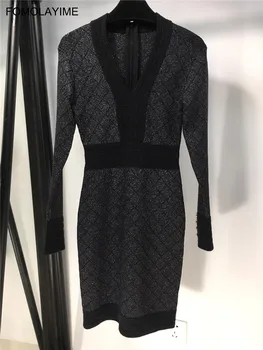 

FOMOLAYIME New Dresses Women 2020 High Fashion Spring V Neck Knitted Dress Robe Femme