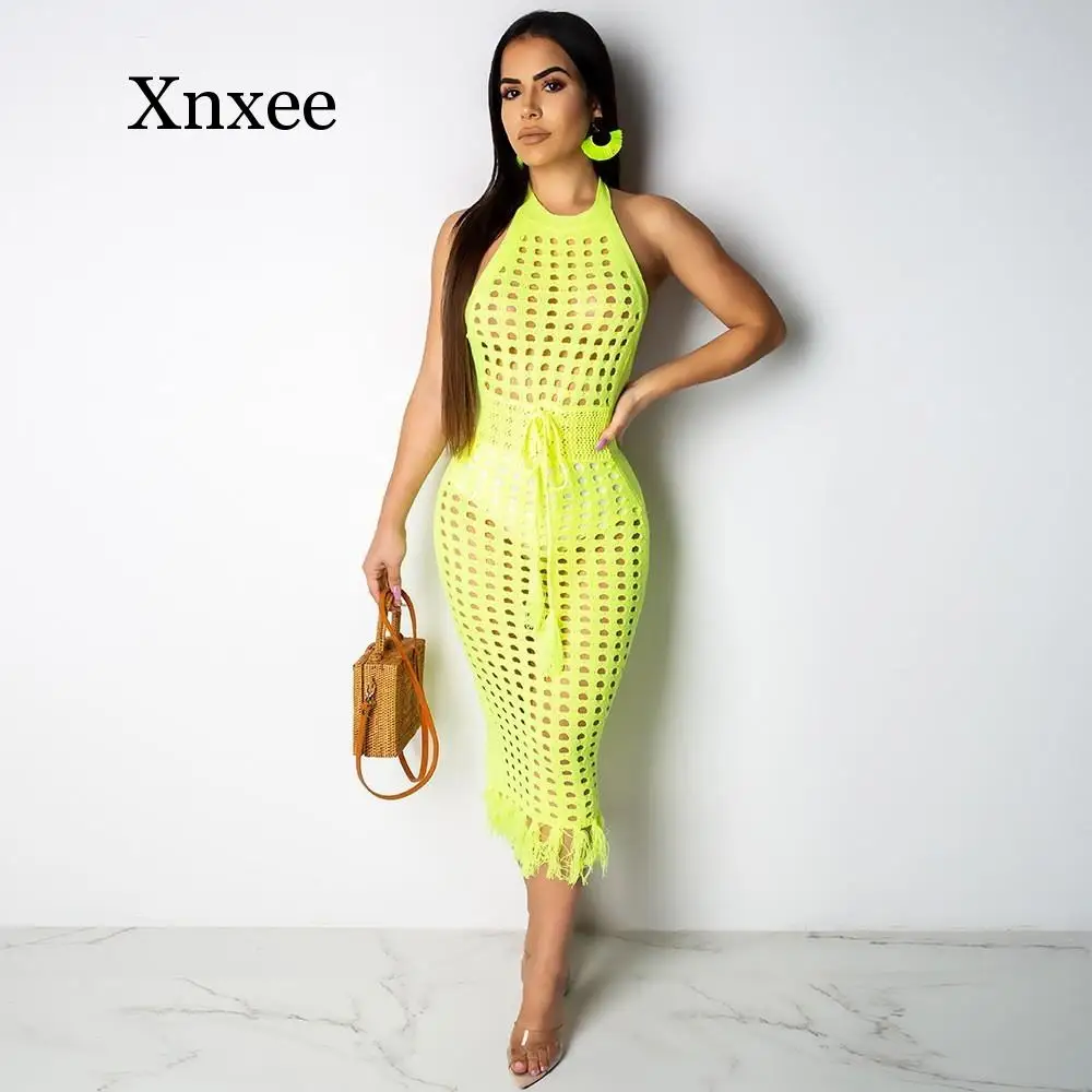 

Perspective beach promHollow Out Beach Dress Women Tassel Knitted Cover Up Summer Dress Off Shoulder Backless Midi Sexy Dresses