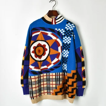 

Europe Star Style Knitted Sweater Women Contrasting Sunflower Lattice Knitwear Turtleneck Pullover Medium Long Outerwear Loose