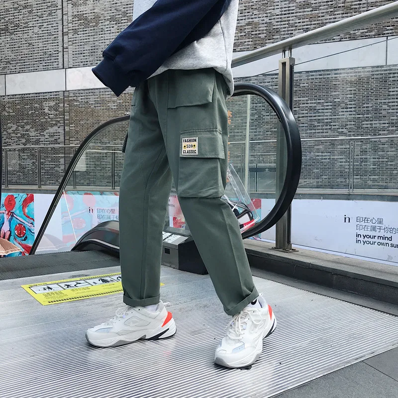 Army green Осенние новые рабочие брюки мужские модные однотонные повседневные мульти-комбинезоны с карманами мужские уличные хип-хоп свободные спортивные штаны - Цвет: Army green
