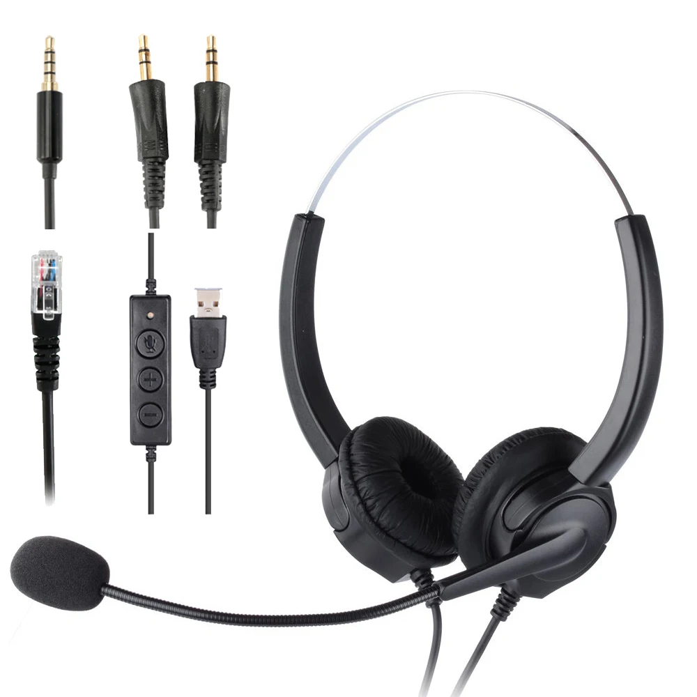 Наушники для колл центра с спиральным одиночным Aux/двойным Aux/USB/RJ9 кабелем
