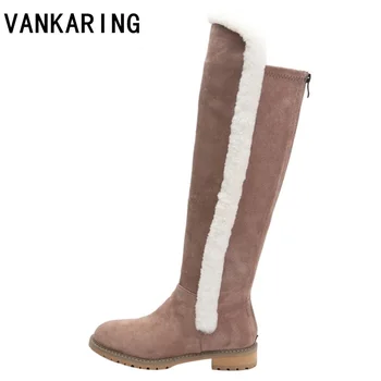 

faux fur thigh high boots female winter snow boots women keep warm over the knee high boots flat stretch platform riding boots