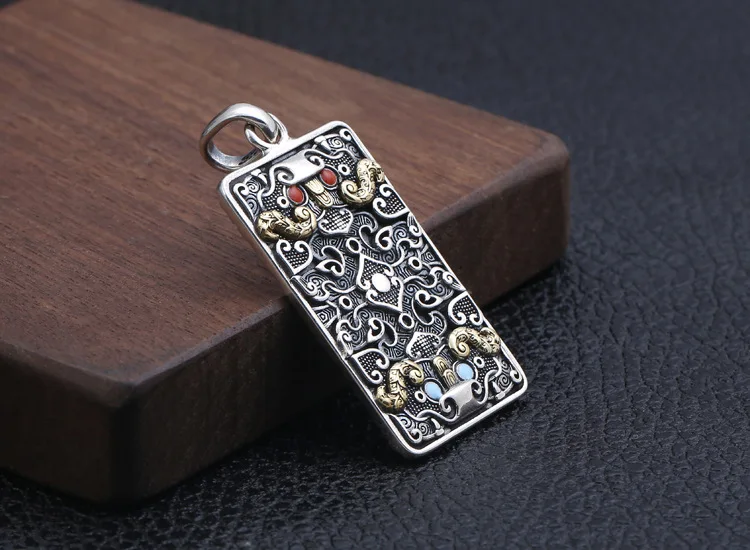 FNJ, прямоугольная подвеска Pixiu, 925 серебро,, чистый S925, тайские серебряные Подвески для изготовления ювелирных изделий, мужские плоские панк животные, красные, синие