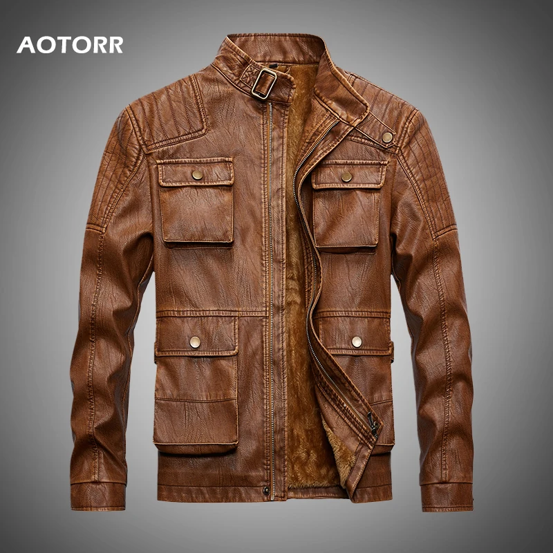 Leather Jacket Men Motorcycle Men PU Outerwear High Quality Faux Fur Jacket Fleece Winter Warm Zipper Male Coat veste homme