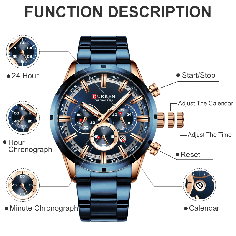 Curren Men Watch Top Brand Luxury Sports Quartz Mens Watches Full Steel Waterproof Chronograph Wris-3