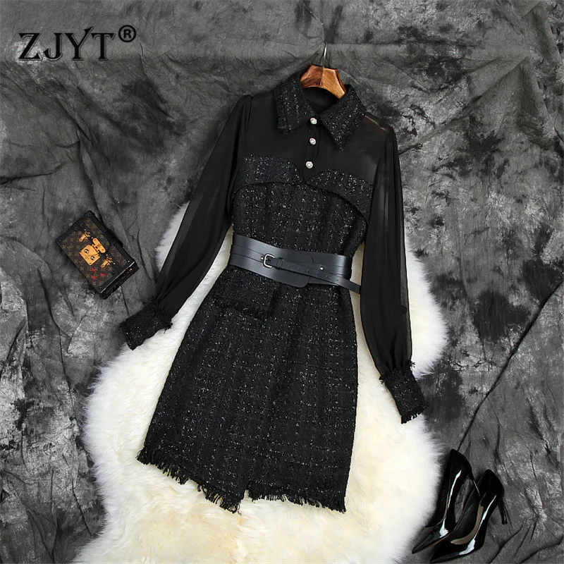 

Fashion Runway Designer Autumn Dresses Women 2019 Long Sleeve Chiffon Patchwork Sexy Party Black Tweed Woolen Dress with Belt