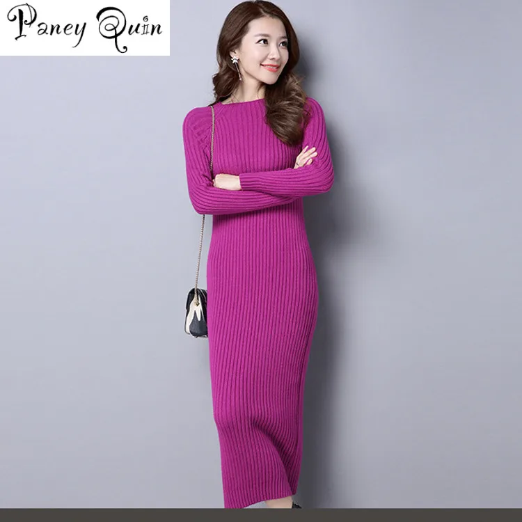 Tanie Zimowy sweter sukienka over the knee długi pure color kobiety sukienki elegancki sweter z miękkiej dzianiny sukienka Bodycon slim, midi Vestidos
