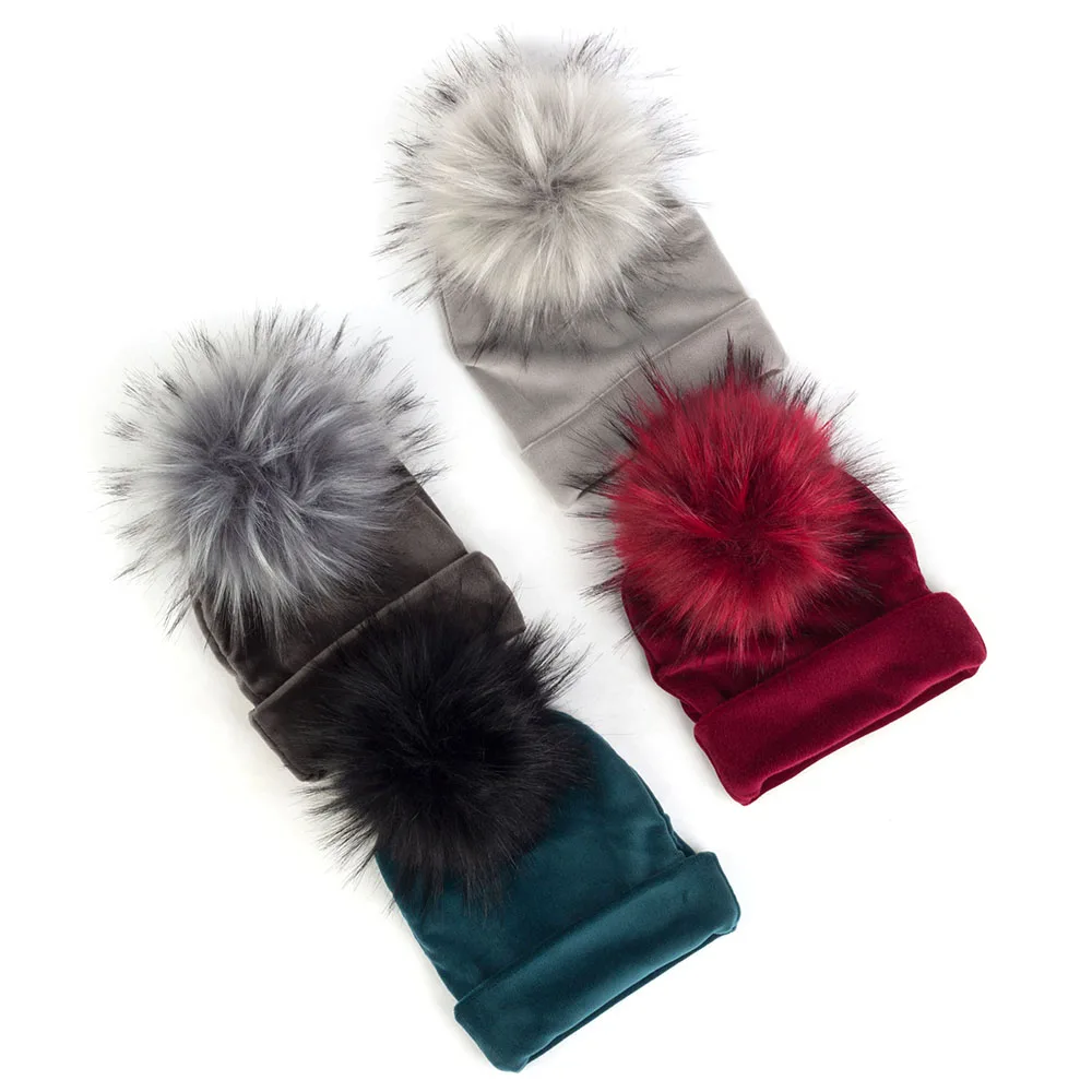 Geebro Newborn Baby Hat Faux Raccoon Fur Pompom Girls Boys Warm Winter Knitted Velvet Hat Ins Fashion Soft Thick Flannel Beanies
