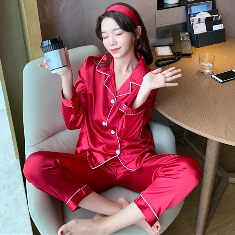 Spring Ladies Pajama Set Silk Satin 3PCS Set Long Pants Turndown Collar Shirt Elegant Femme Casual Sleepwear Sexy Homewear Women