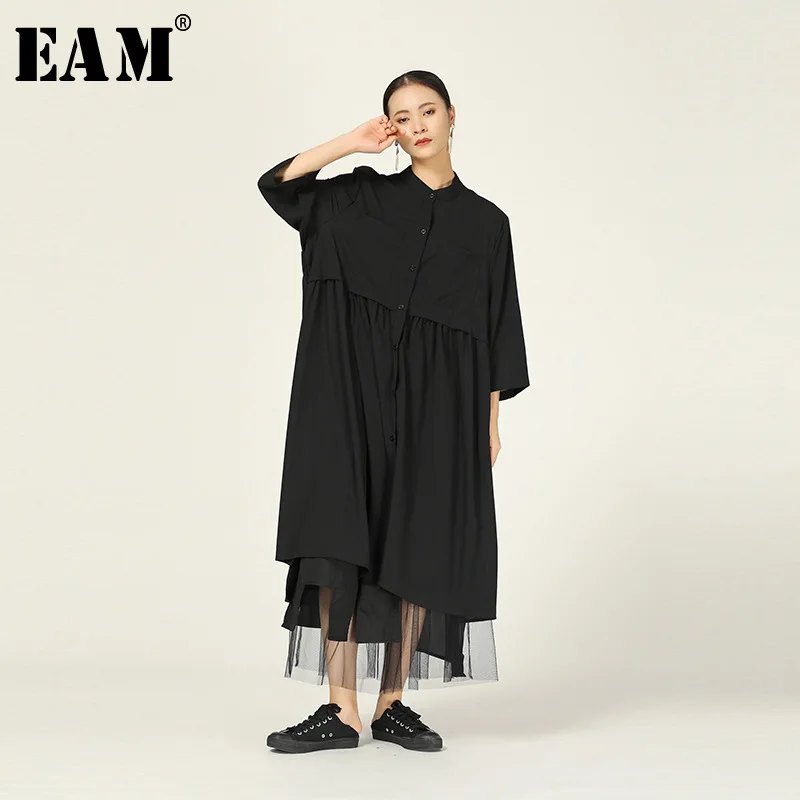 

[EAM] Women Spliced Side Spit Pleated Dress New Stand Neck Nien-quarter Sleeve Loose Fit Fashion Tide Spring Autumn 2019 1A006