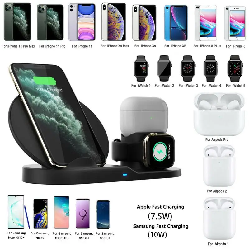 3 In 1 Charging Dock Holder For Apple Watch 5 4 2 IPhone X XS XR 11 Pro 8 7 Airpods 10W Qi Wireless Charger Stand Station | Электроника