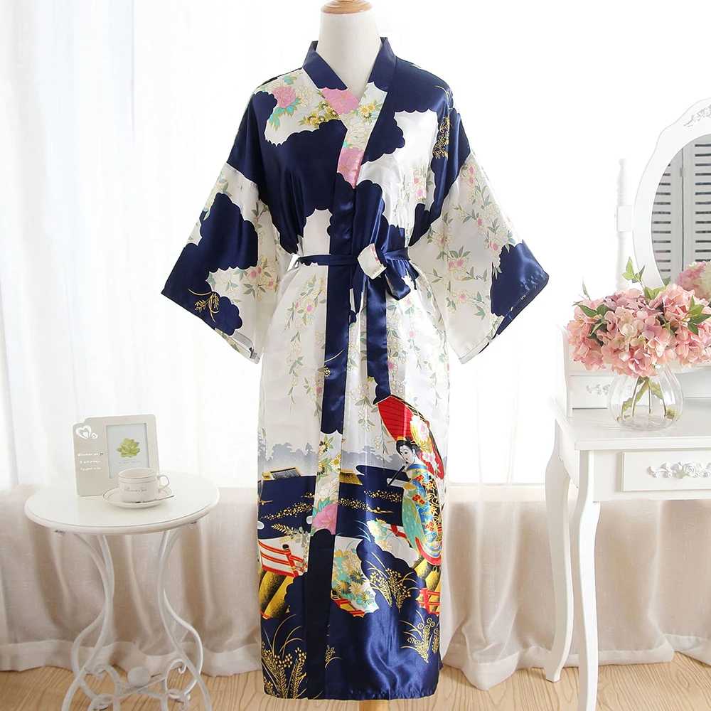 

Satin Material Soft Women Kimono Robe Exquisite Print Pattern Sleepwear Bathrobe Gown Summer Short Home Wear Wedding Robe
