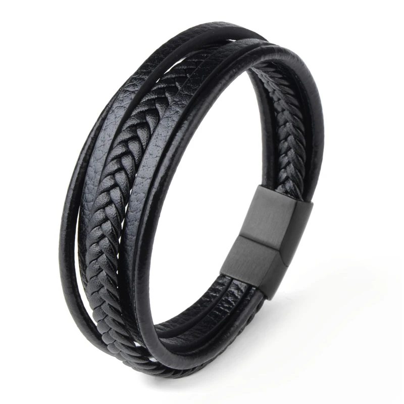 Braided Genuine Leather Men Bangle Stainless Steel Magnetic Buckle wristband Bracelet for Men Male Jewelry