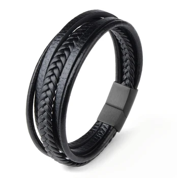 Braided Genuine Leather Men Bangle Stainless Steel Magnetic Buckle wristband Bracelet for Men Male Jewelry